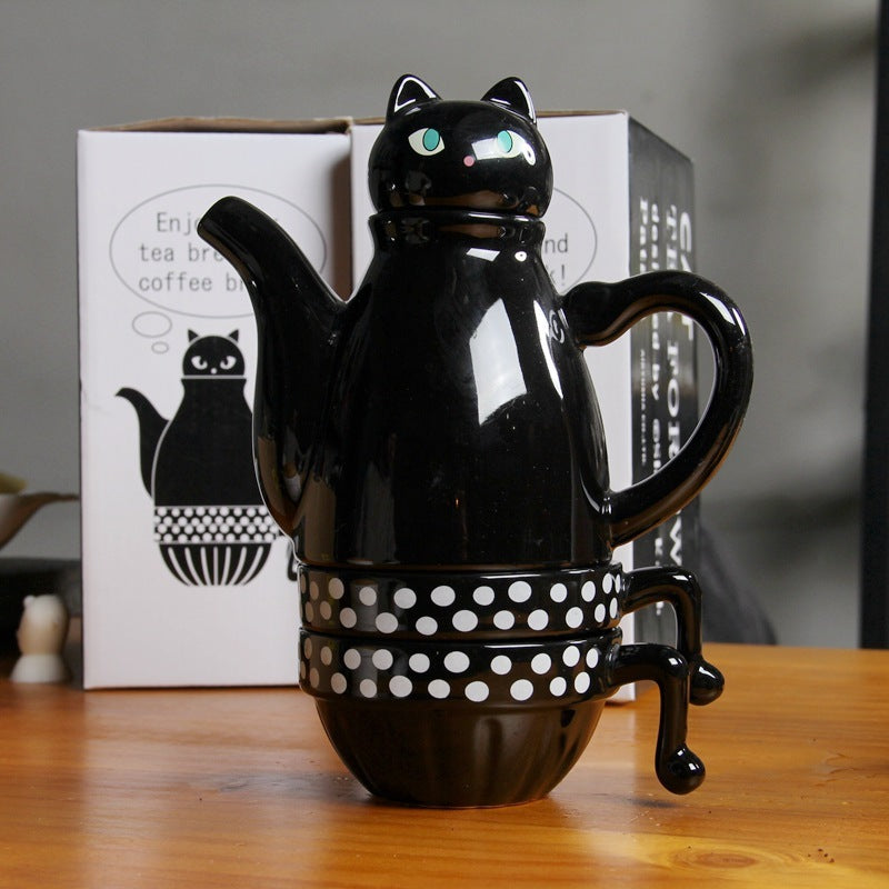 European creative ceramic cup stack pot black and white cartoon cat coffee cup with afternoon tea set filter 2 cup 1 pot home