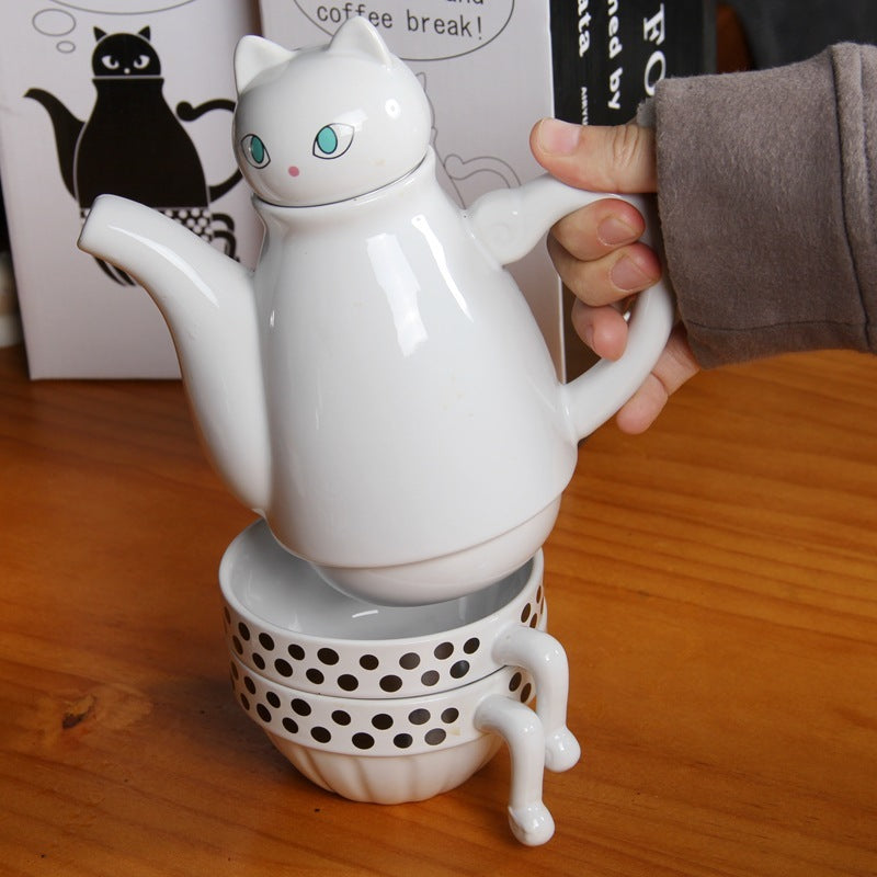European creative ceramic cup stack pot black and white cartoon cat coffee cup with afternoon tea set filter 2 cup 1 pot home