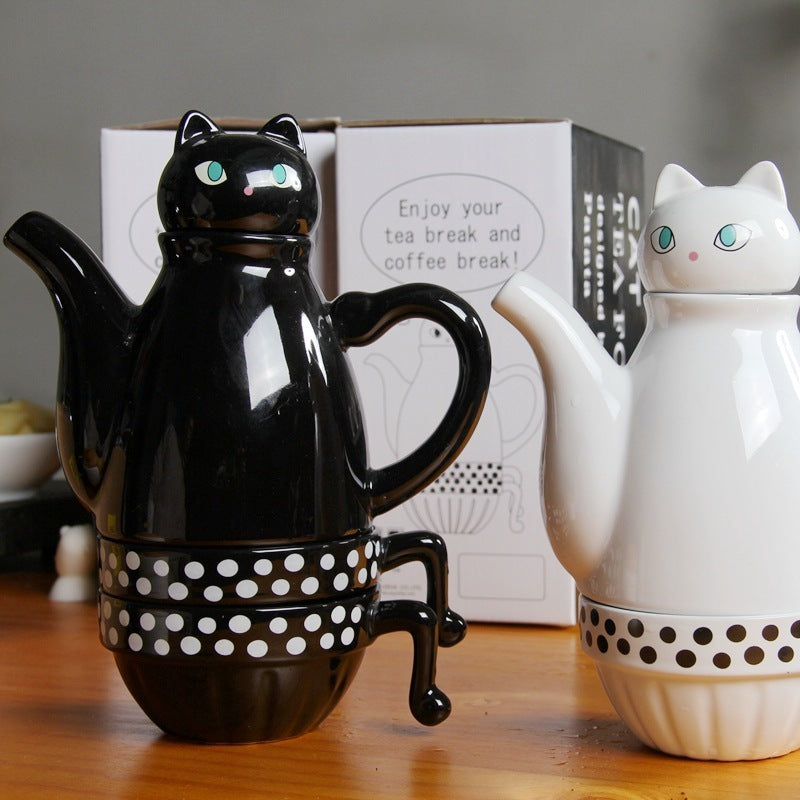 European creative ceramic cup stack pot black and white cartoon cat coffee cup with afternoon tea set filter 2 cup 1 pot home