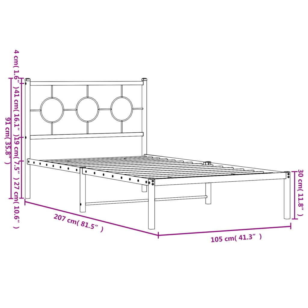 Metal Bed Frame without Mattress with Headboard Black 100x200cm