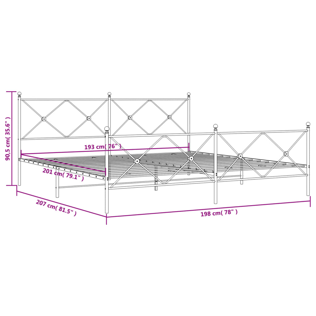 Metal Bed Frame without Mattress with Footboard White 193x203cm