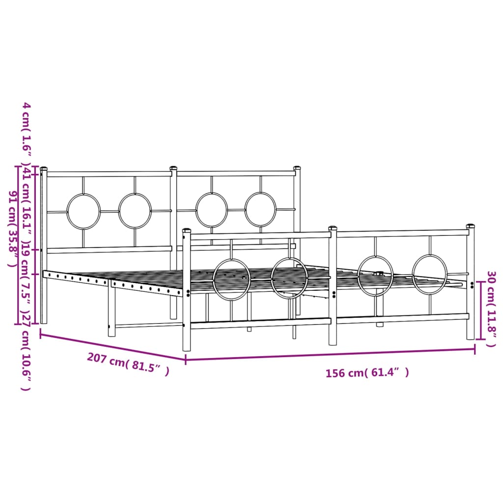 Metal Bed Frame without Mattress with Footboard White 150x200cm